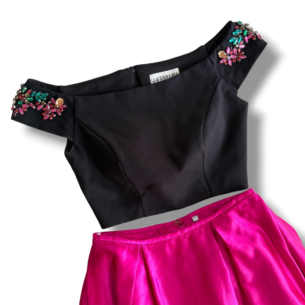 Sherri Hill 51101 2 Piece Prom Dress Black Fuchsia Beaded Crop Top Satin Skirt 4